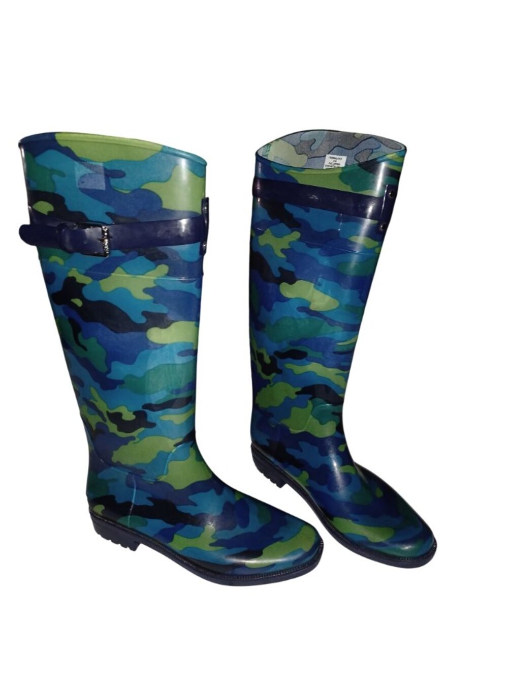 Rain Boots Blue Green Camo Tall Waterproof Buckle Ralph Lauren Women's Size 8B
